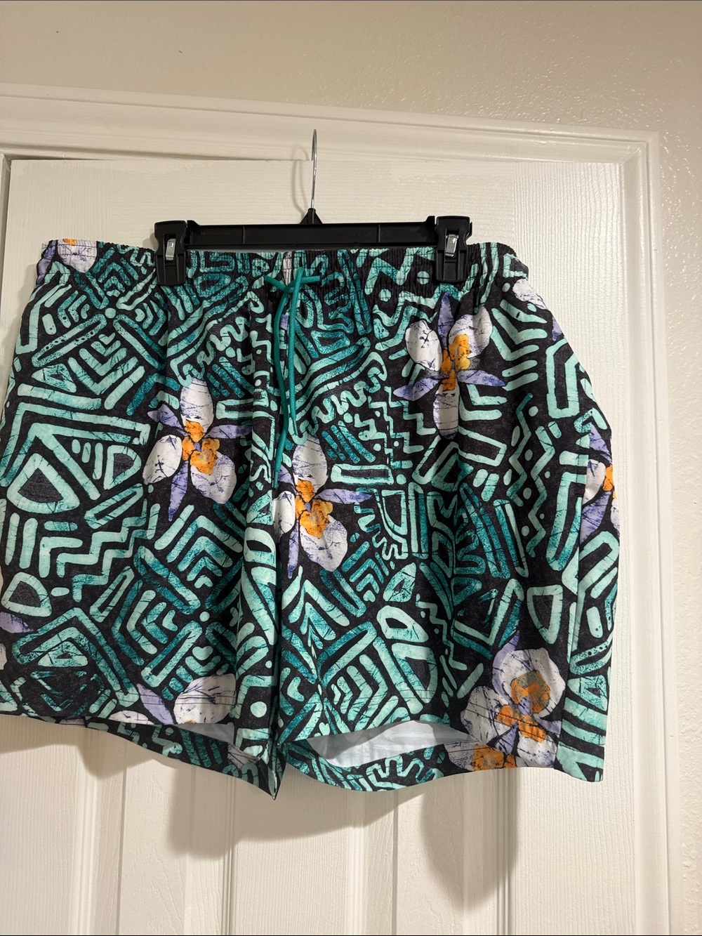 Tropical Geo Print Mens  XXL Drawstring Short swim trunks  - Teal Floral